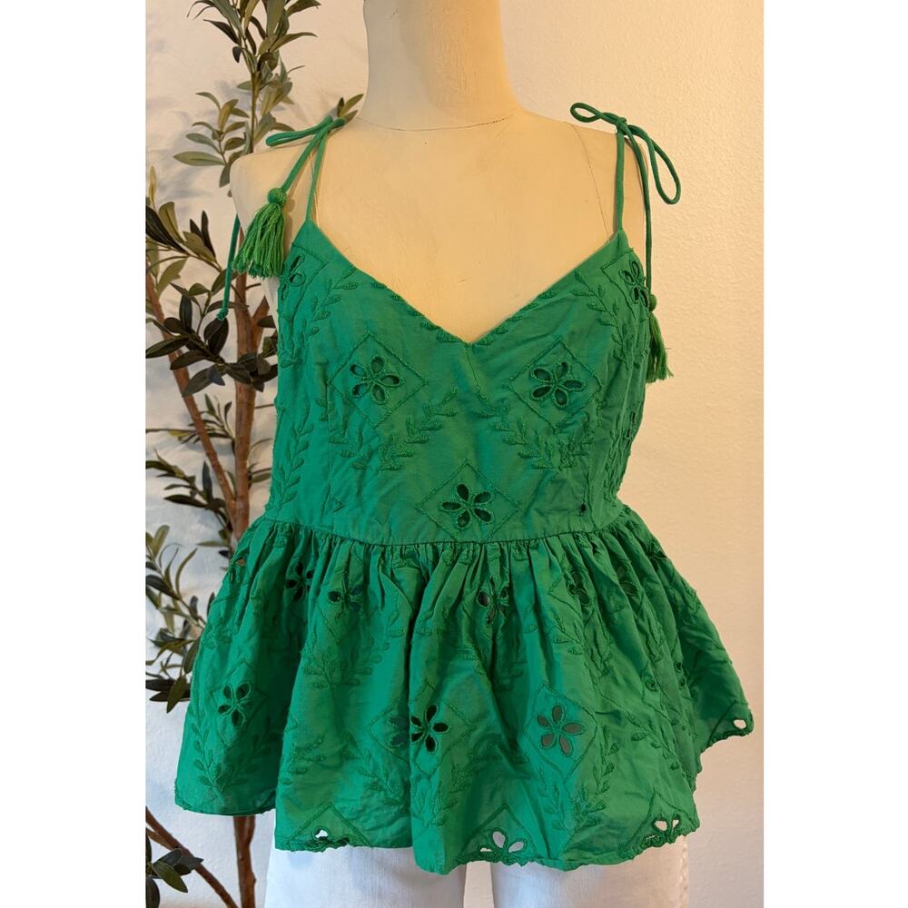 H&M Green Eyelet Embroidered Peplum Cami Top Tie Straps Size Large